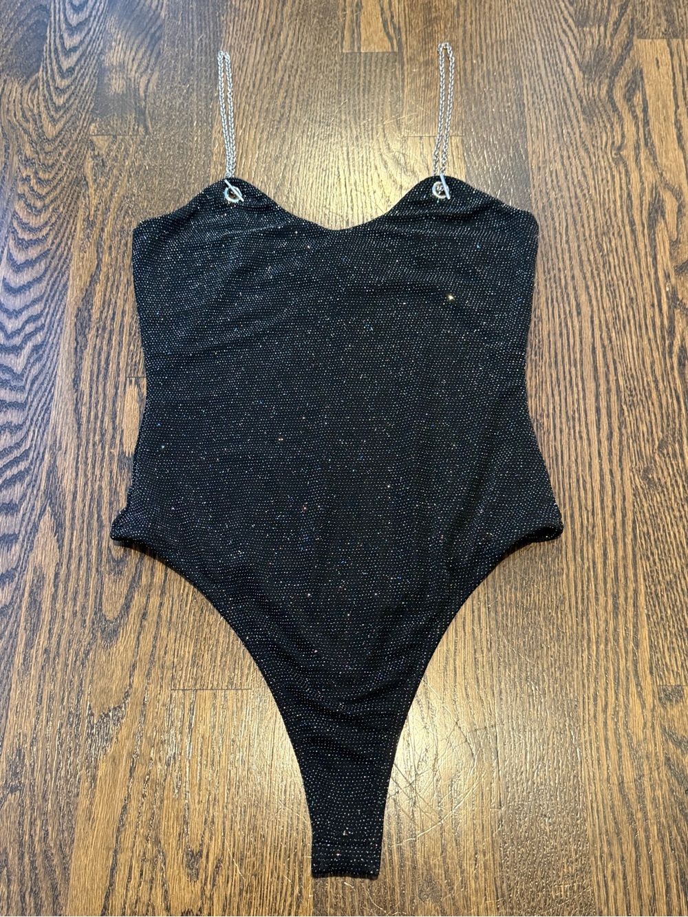 superdown Black Sparkle Bodysuit with Silver Chain Straps